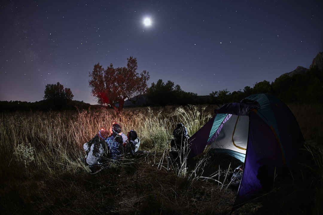 A family looking at the stars in a field while camping Fenix headlamps